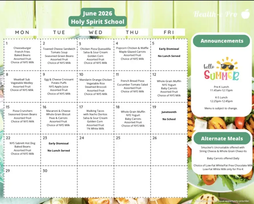 June Lunch Calendar 