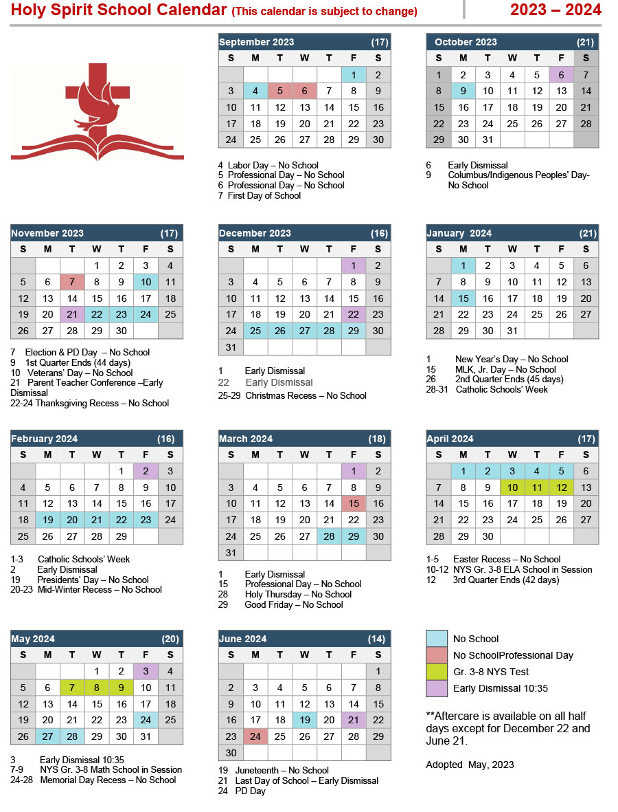 School Calendar Holy Spirit School